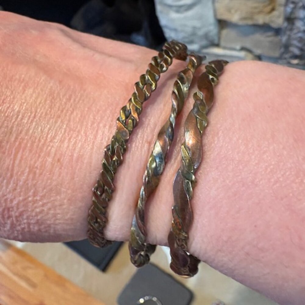 Set of 3 Vintage Copper and Brass Tricolor Twisted Braided Bangle Bracelets - Picture 4 of 5